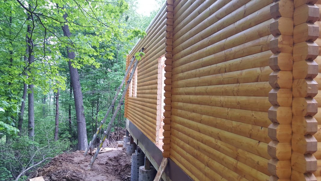 green building with logs